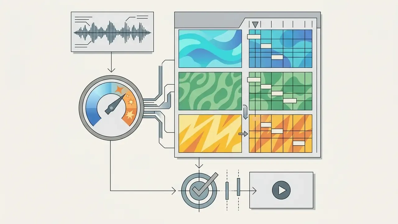 Audio waveform feeding into a mood gauge that triggers dynamic motion backgrounds and video rendering