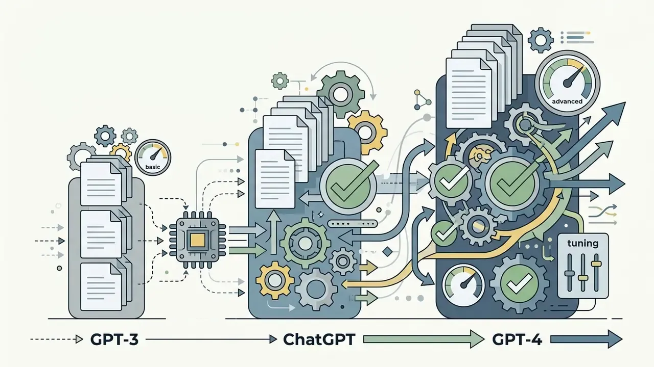 Three processing units with increasing complexity showing gears and documents representing model evolution