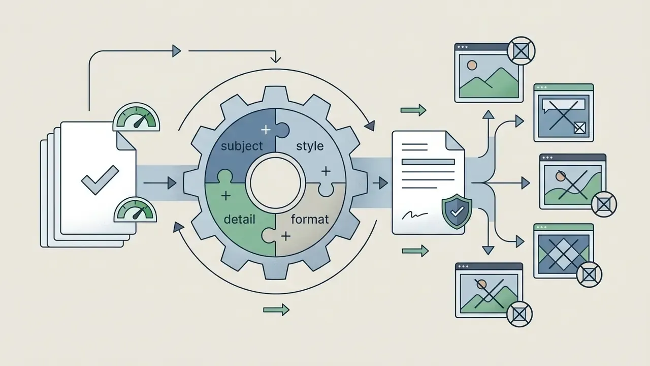 Gear icon with puzzle pieces representing prompt components leading to filtered image outputs