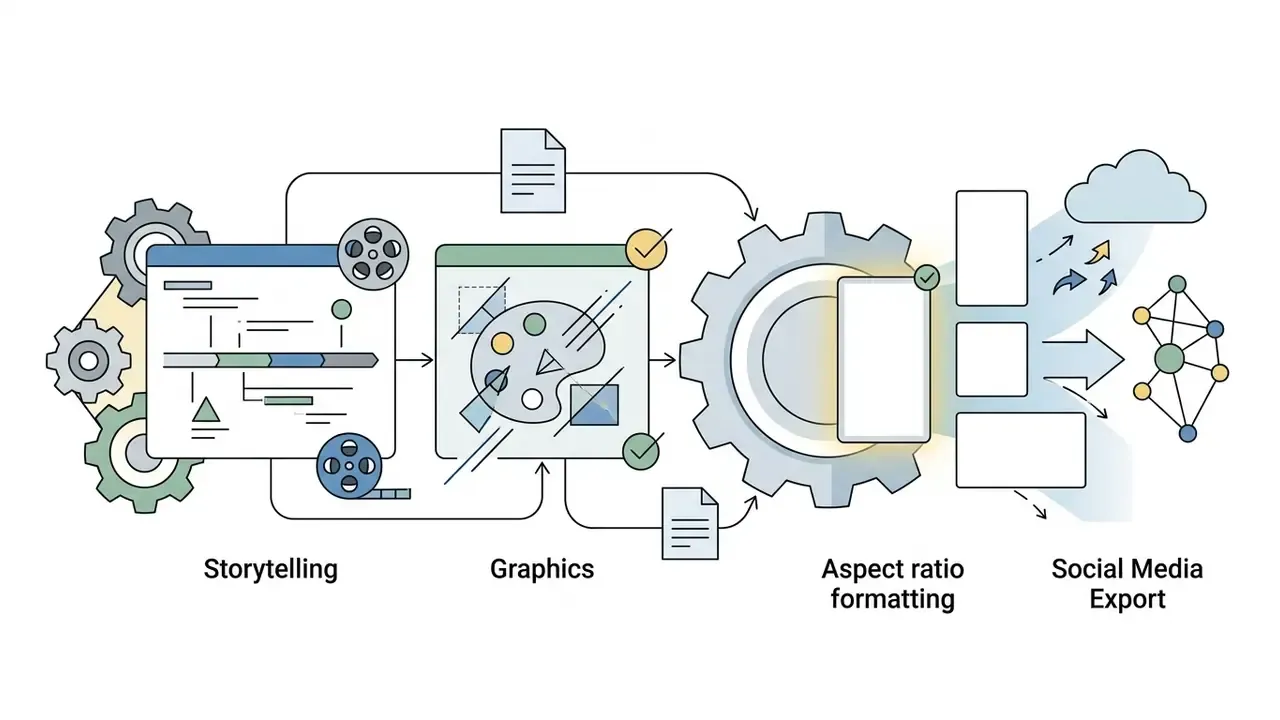 Workflow showing video editing stages from storytelling and graphics to aspect ratio and social media export