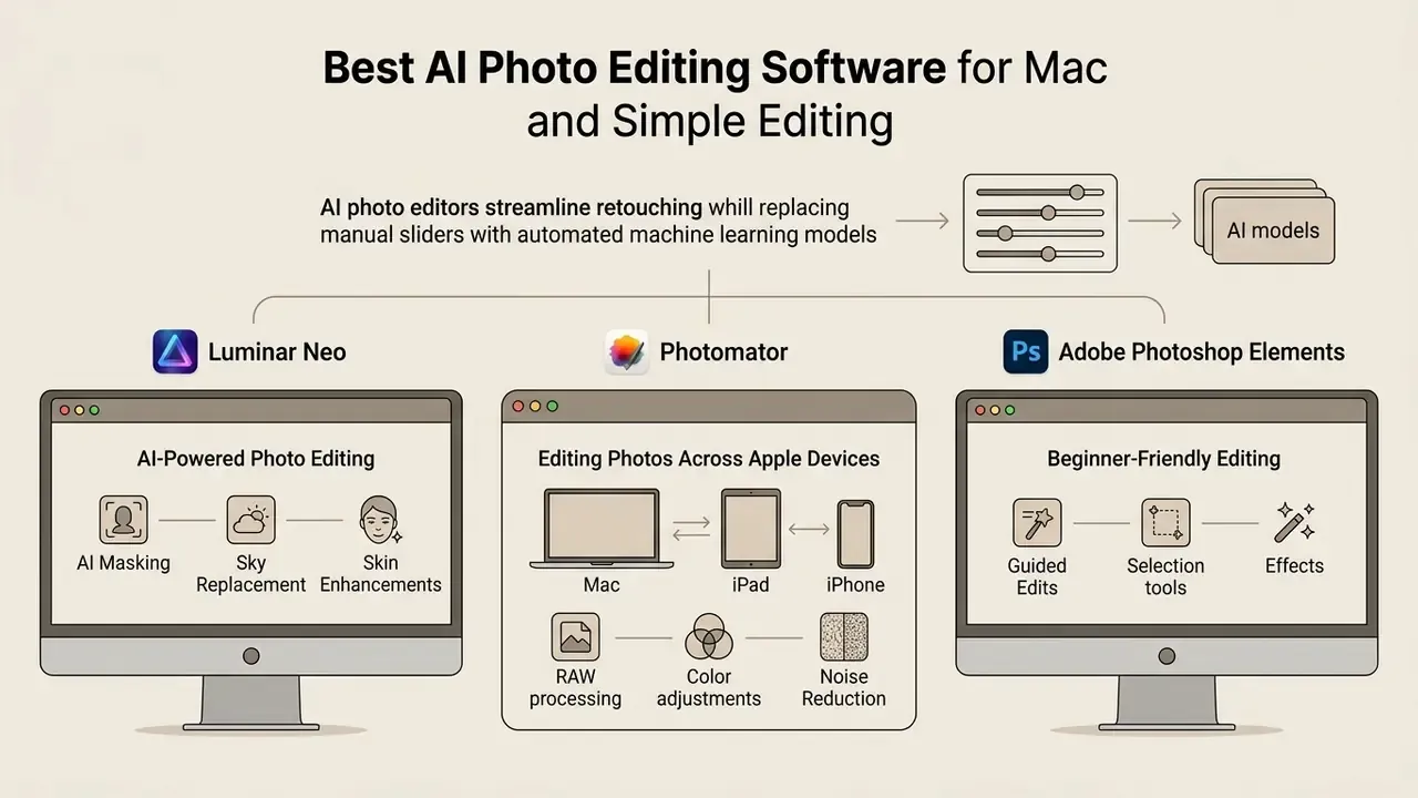 Diagram comparing Luminar Neo, Photomator, and Adobe Photoshop Elements for Mac photo editing