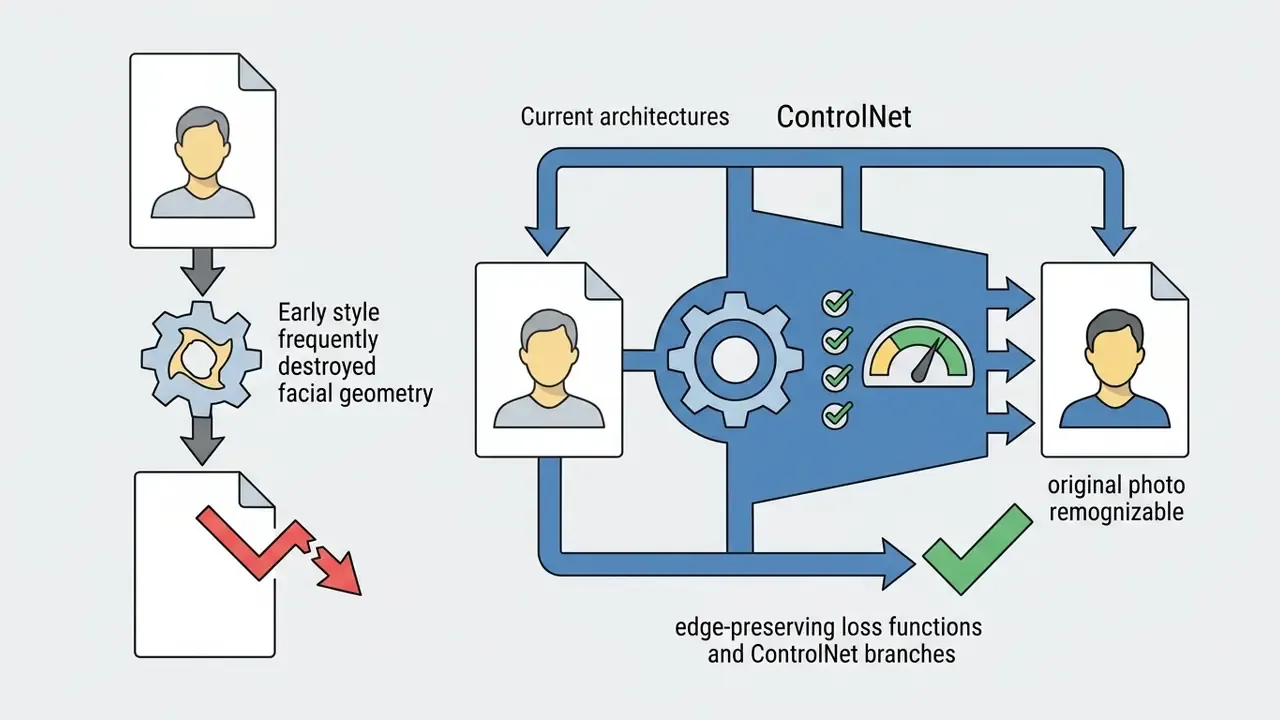 Diagram contrasting early style transfer that distorts faces with modern ControlNet methods preserving identity