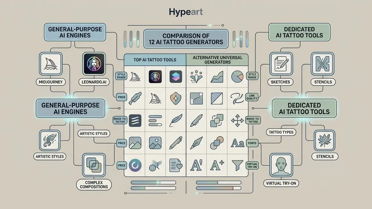 Diagram categorizing AI tattoo generators by comparing general-purpose engines and specialized tools