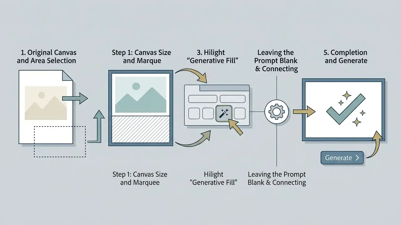 Five-step process for using Generative Fill to extend a canvas with blank prompts and selection tools