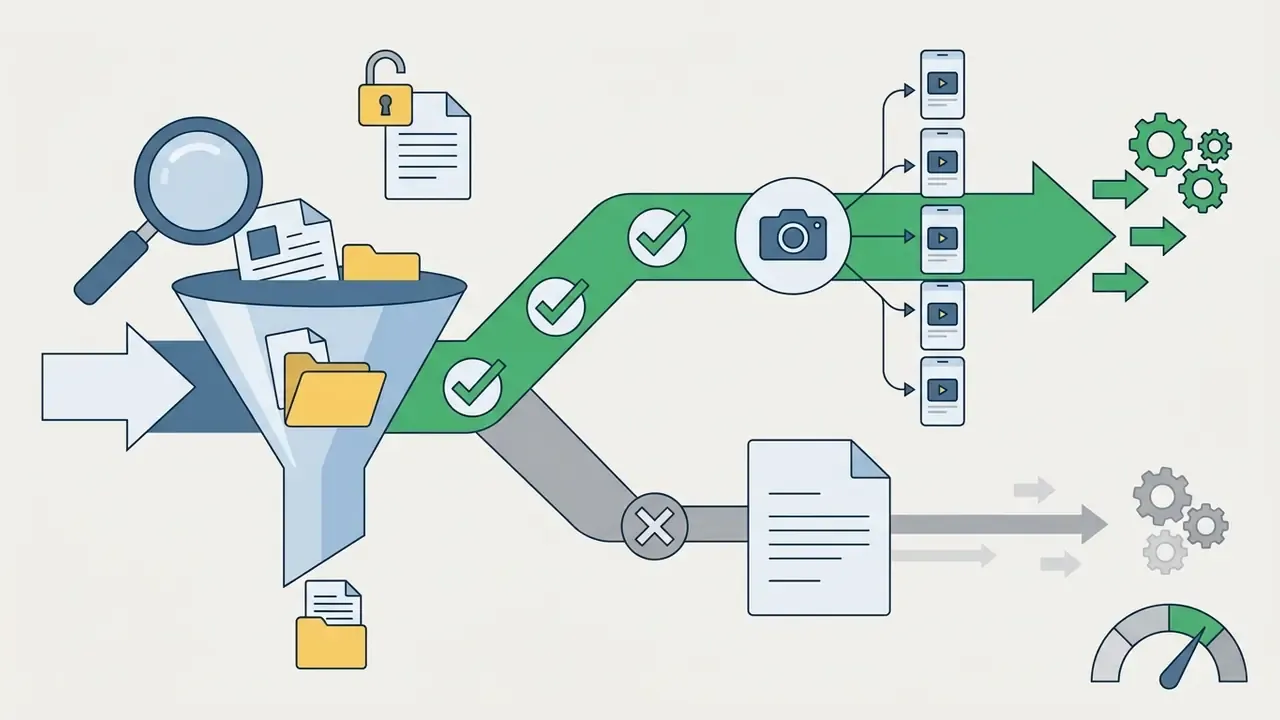 Portfolio documents passing through a funnel and screening process to reach video asset distribution