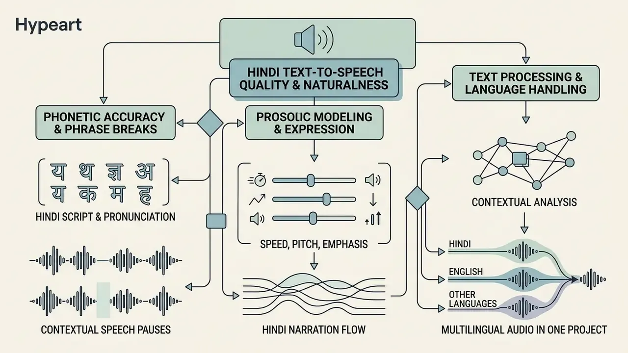 Diagram detailing factors like phonetic accuracy and prosodic modeling for ai voice generator hindi output