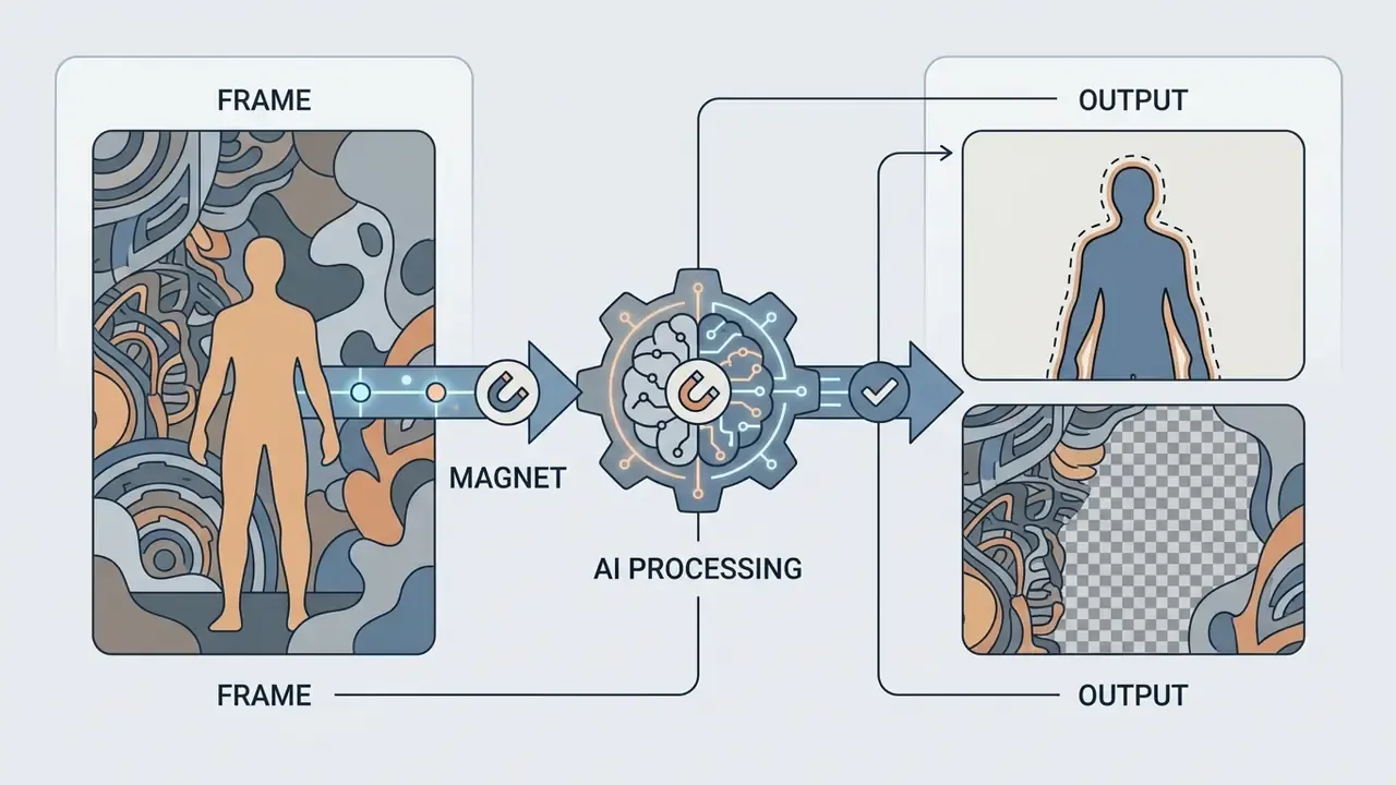Human figure separated from a complex background by an AI gear system to create a transparent cutout