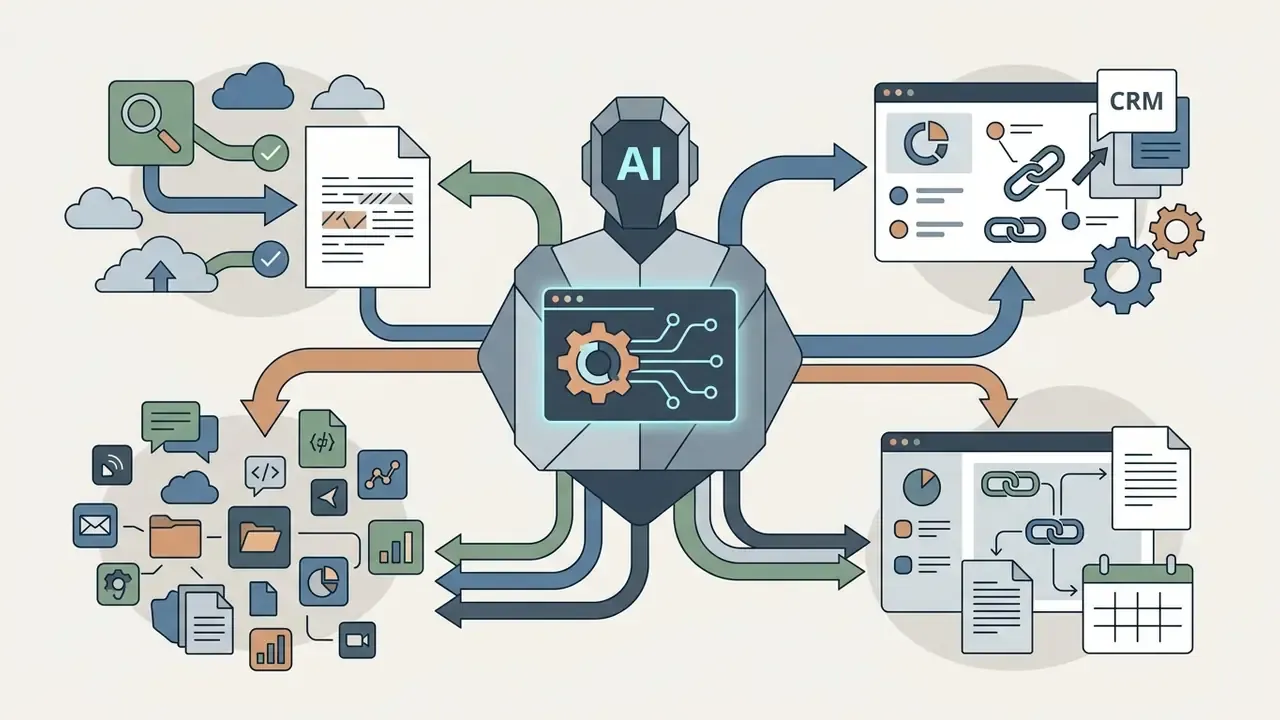 AI robot hub connecting cloud storage, file icons, and software interfaces to CRM and scheduling workflows