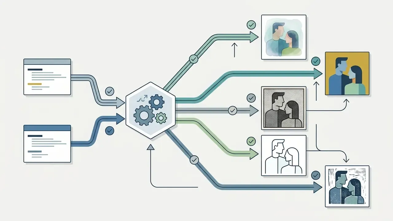 Central gear mechanism processing input data into various illustrated couple portrait styles