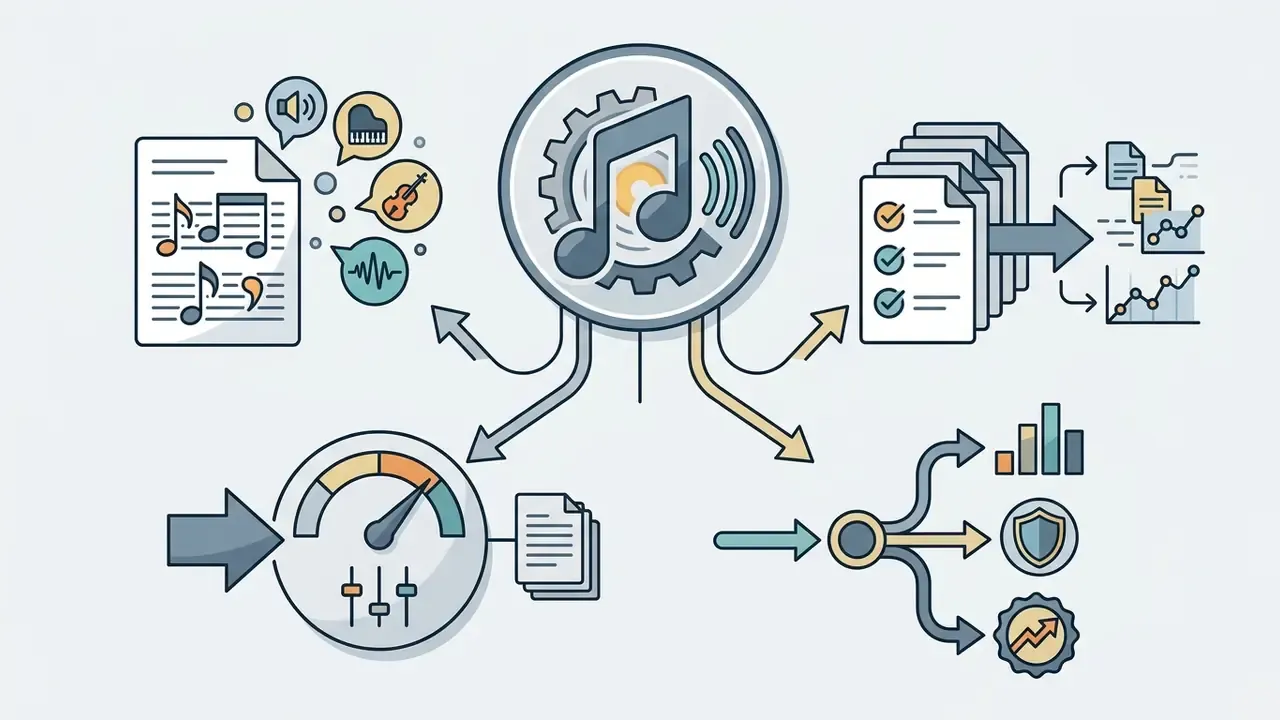 Musical notes and instruments feeding into a central gear hub that outputs to documents and analytics