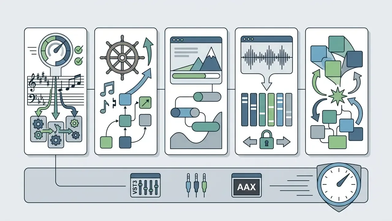 Five vertical panels showing musical data processing steps leading to VST3 and AAX plugin compatibility
