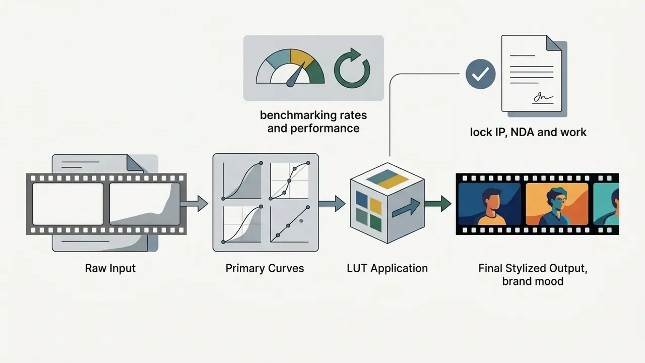 Diagram showing raw film footage processed through color curves and LUTs into a final stylized video output