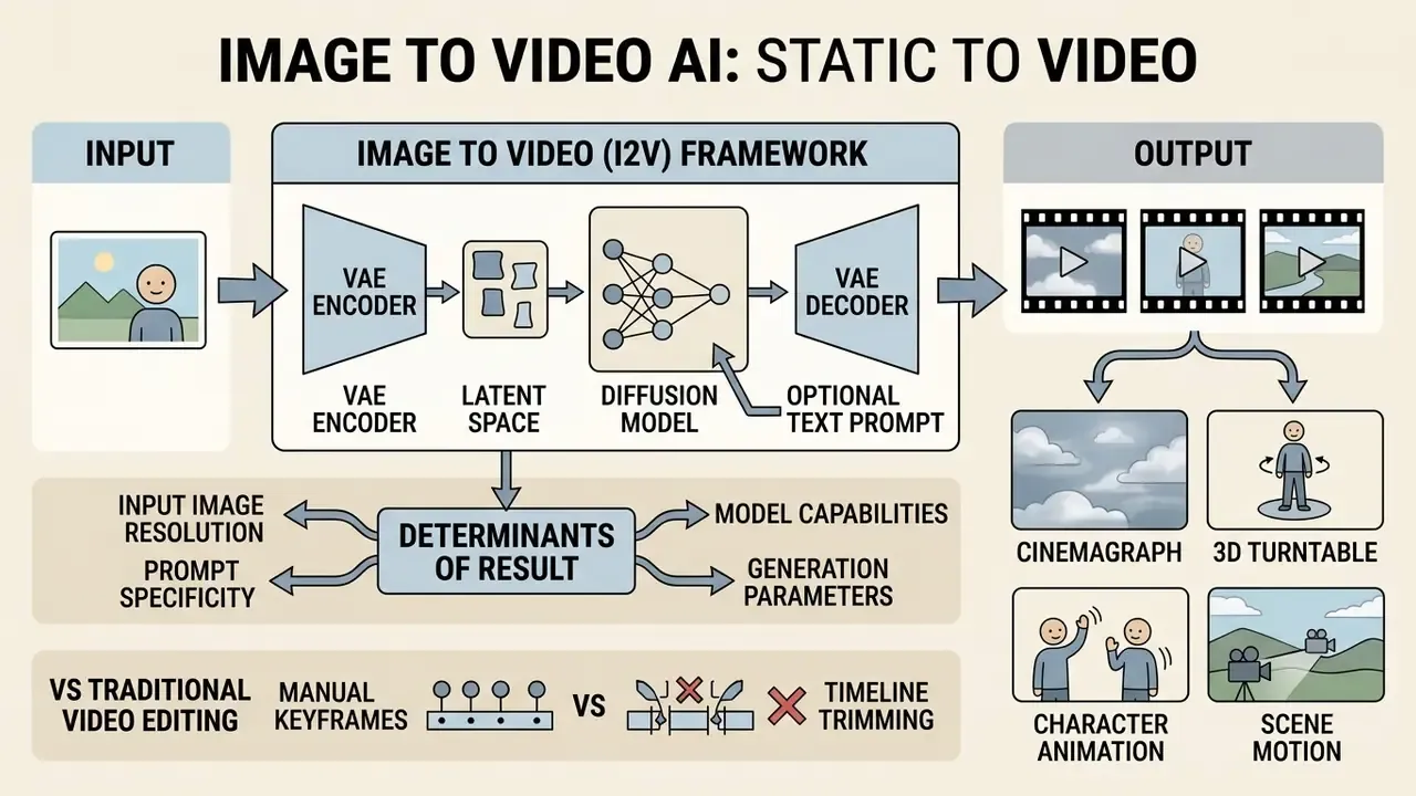 Flowchart detailing the I2V framework, VAE encoding, diffusion process, and resulting video types