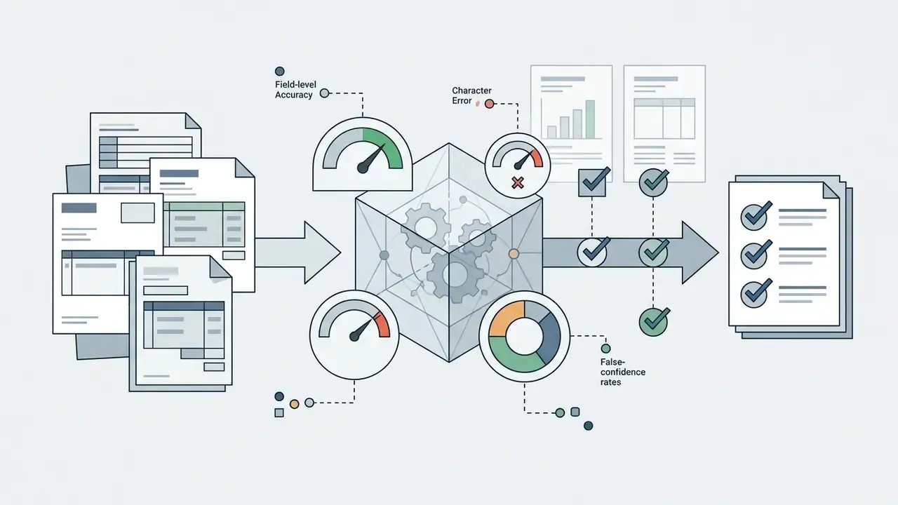 Documents feeding into a gear-driven processor that measures accuracy and error rates to output validated results