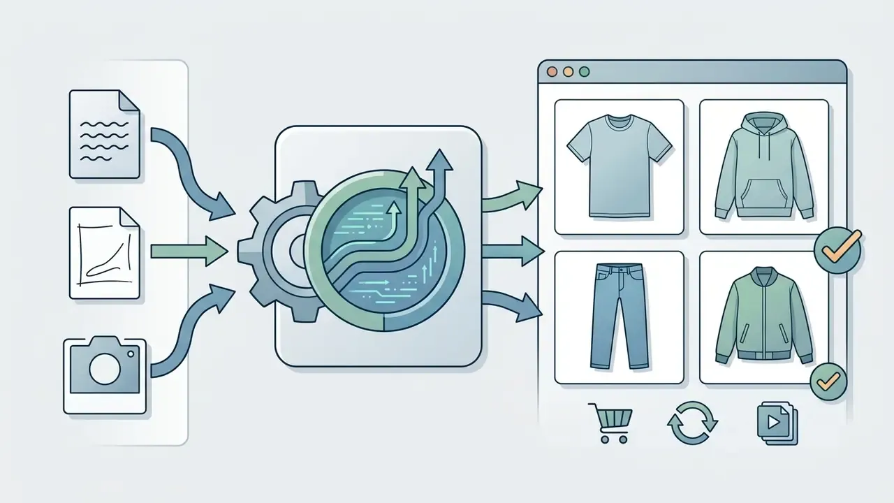 Digital inputs processed through gears into clean e-commerce garment thumbnails for online retail