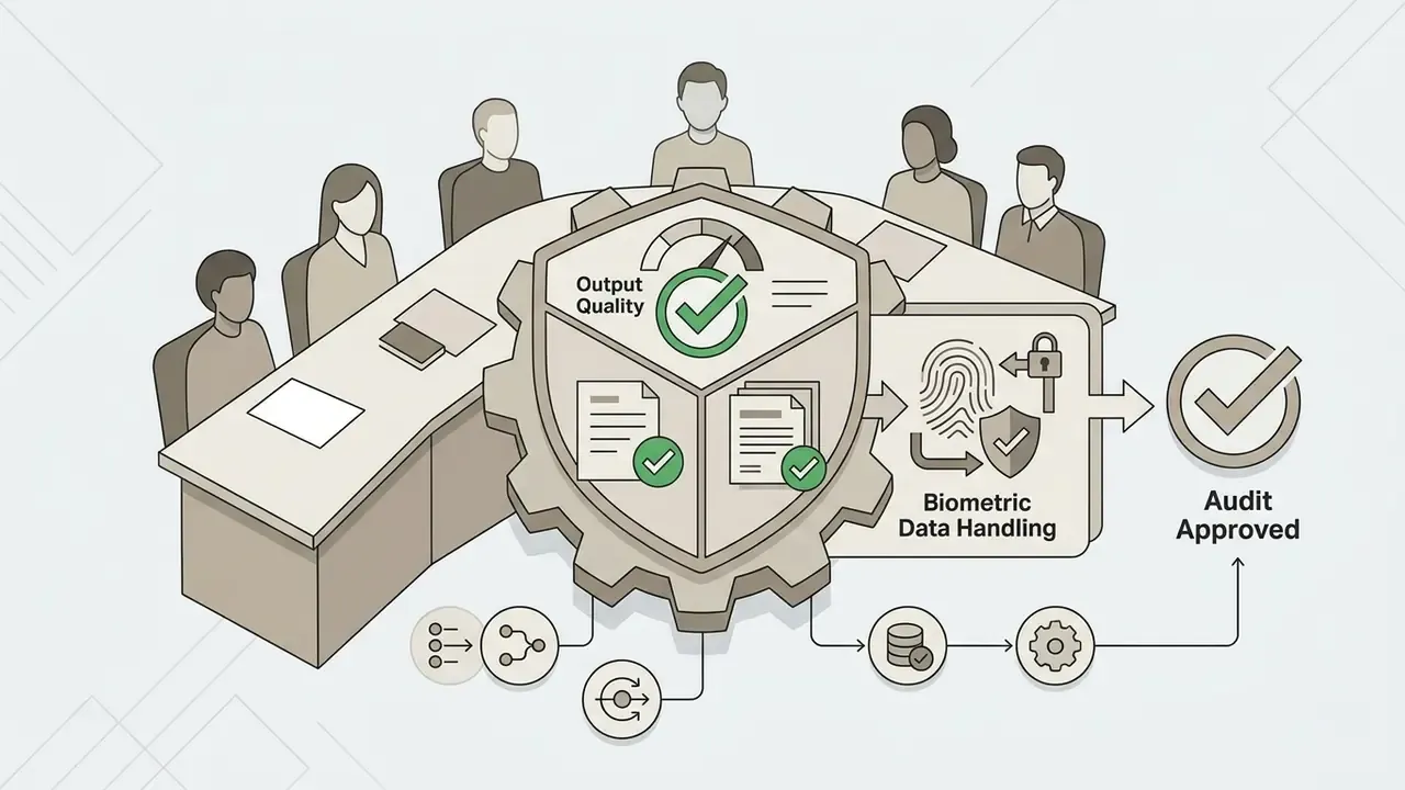 Team around a table reviewing AI portrait generator quality and biometric data handling for audit approval