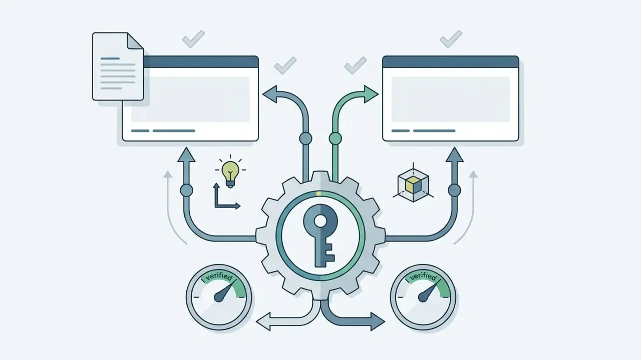 Gear with a key icon distributing data to video windows to maintain consistency in AI video generation