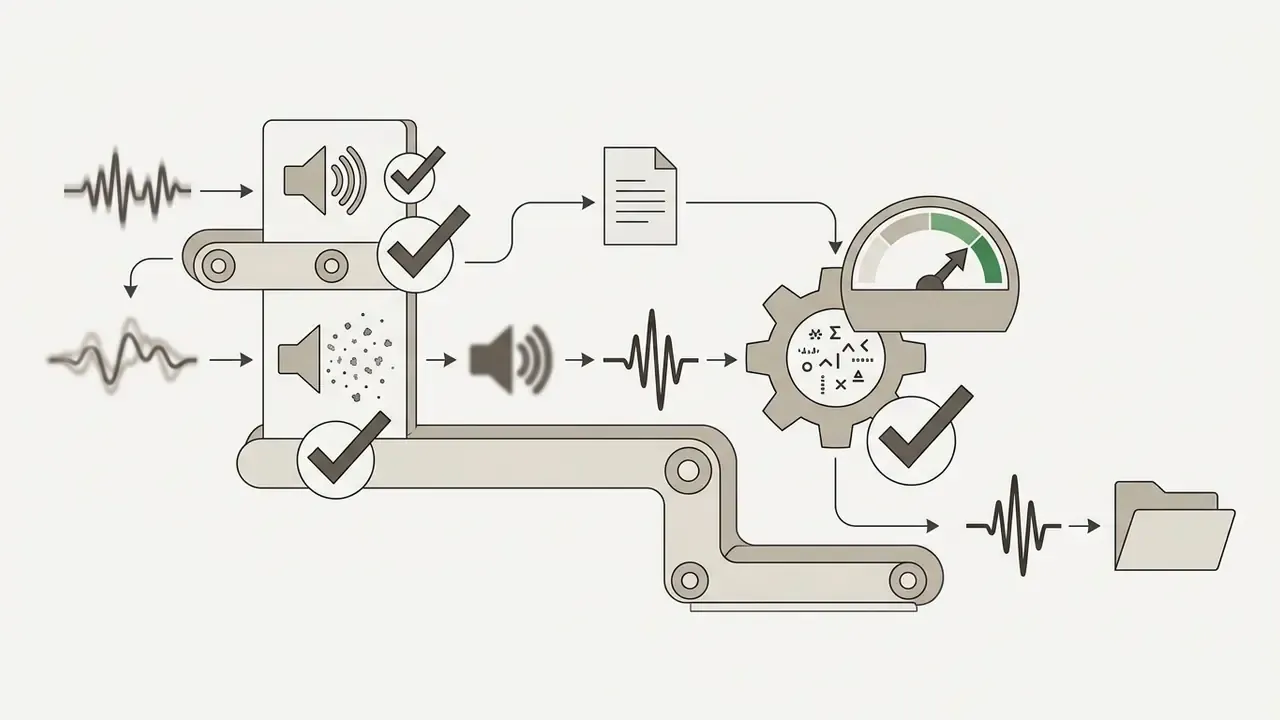 Audio waveforms passing through a multi-stage conveyor belt system with quality checks and a gear processor