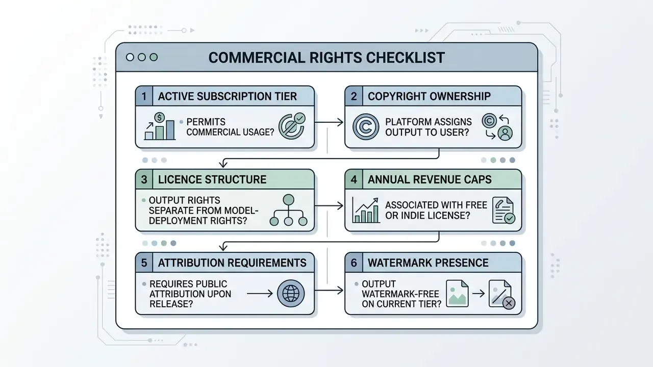 Sequential checklist layout evaluating subscription tiers, copyright ownership, and licensing constraints