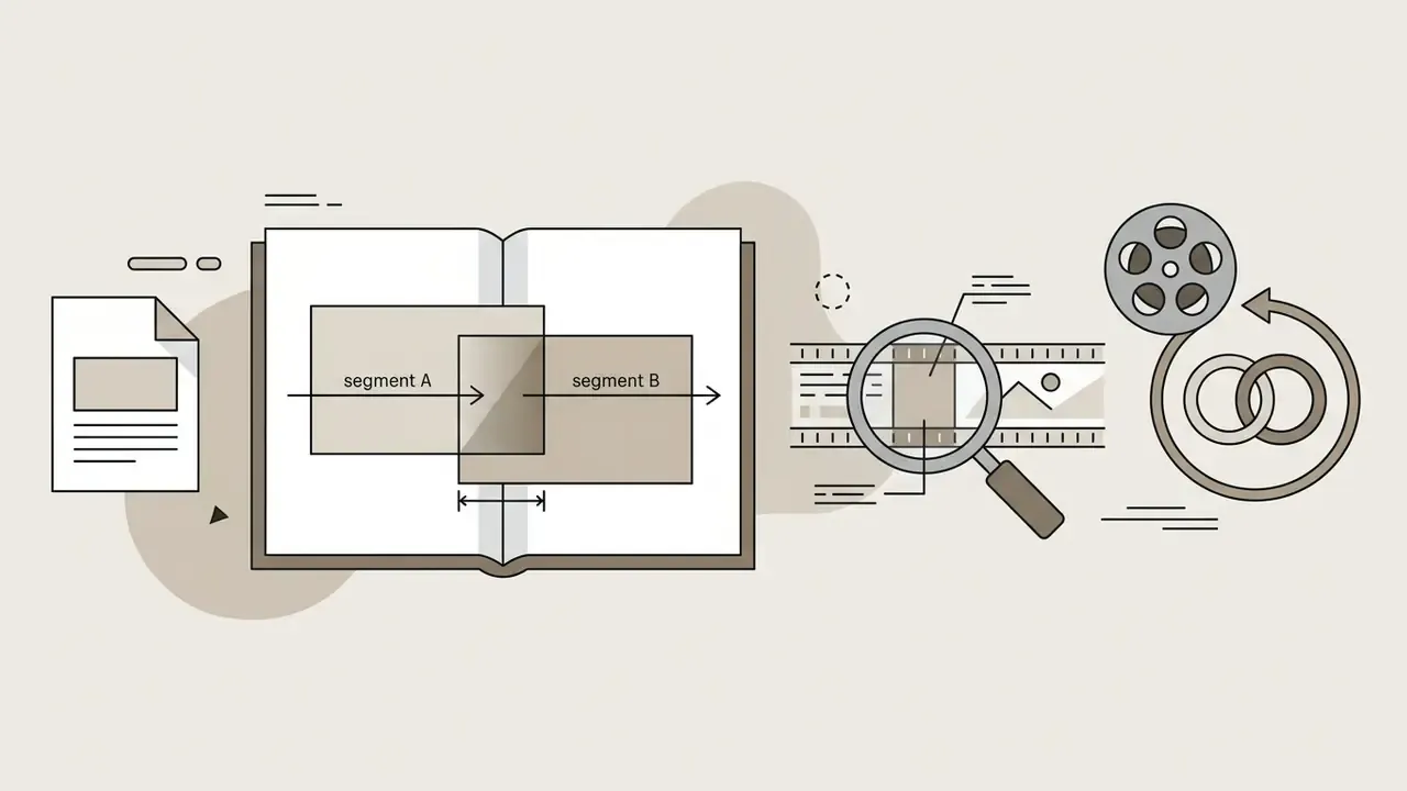 Open book showing overlapping video segments next to a film strip under a lens and a circular arrow icon