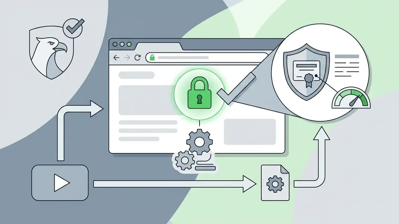 Web browser address bar with a green padlock icon and a magnifying glass showing a security certificate