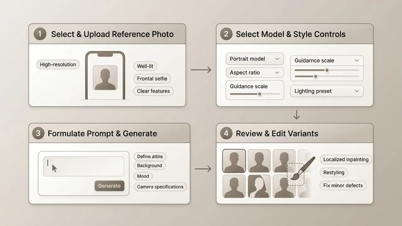 Four-step process diagram showing image upload, style selection, prompt generation, and editing tools