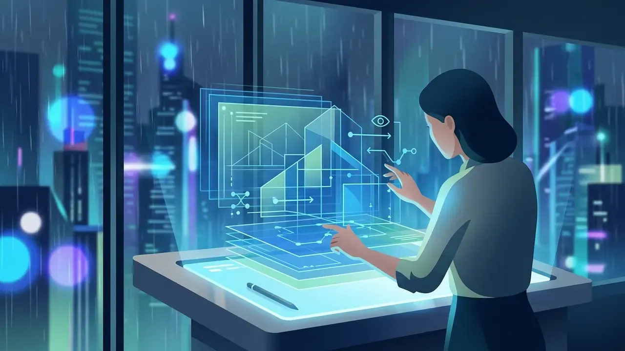 Architect interacting with glowing holographic building blueprints in a dark office overlooking a rainy city