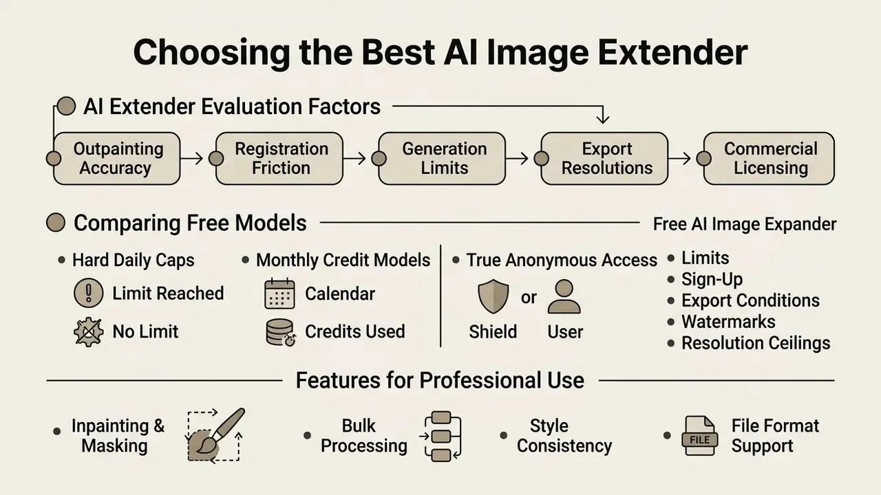 Flowchart outlining evaluation criteria, free model constraints, and professional tool features