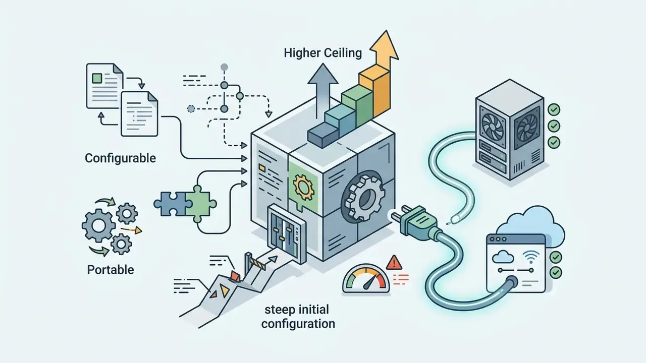 Modular cube connected to server and cloud icons with arrows representing configuration and performance steps