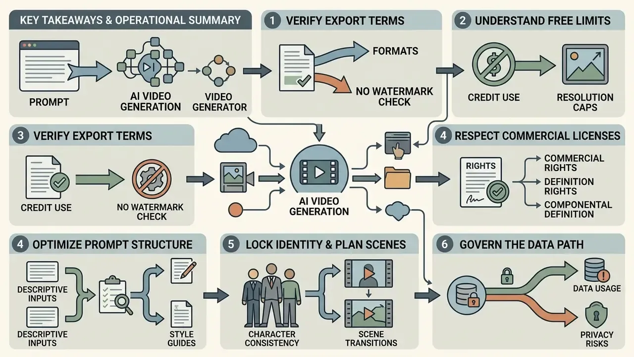 Summary infographic displaying six operational steps for managing AI video generation workflows