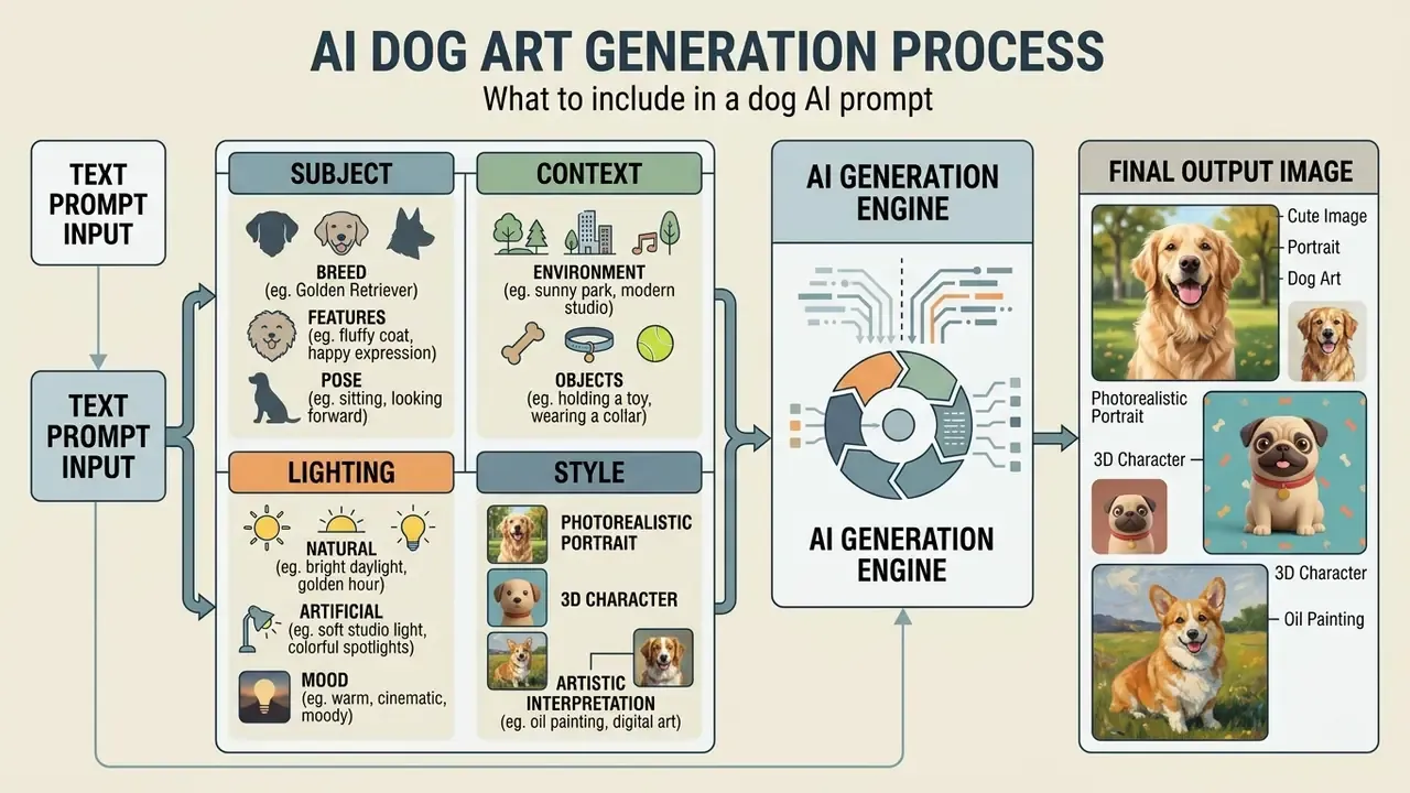 Flowchart detailing the components of an AI dog prompt including subject, context, lighting, and style