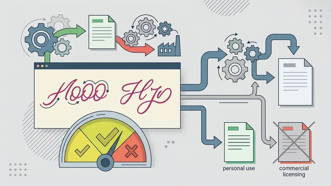 Gears and arrows connecting cursive text to document icons representing personal and commercial usage