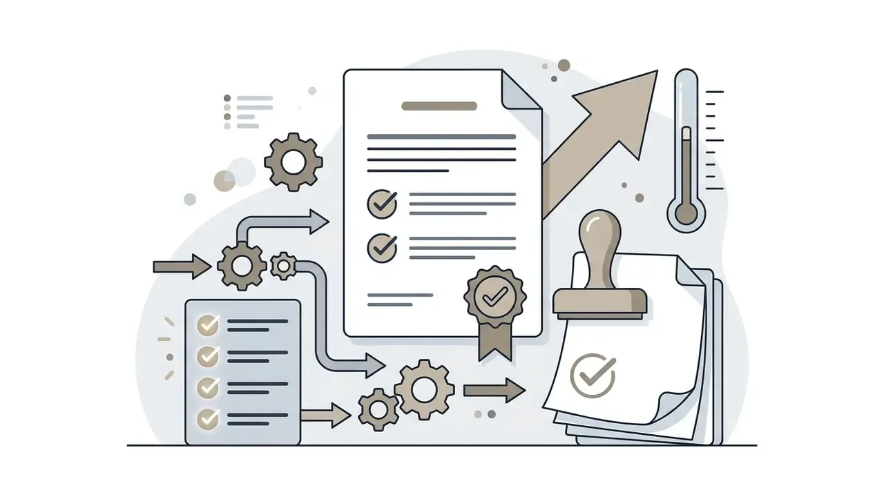 Documents with checkmarks, gears, and a stamp icon representing a formal review and approval process
