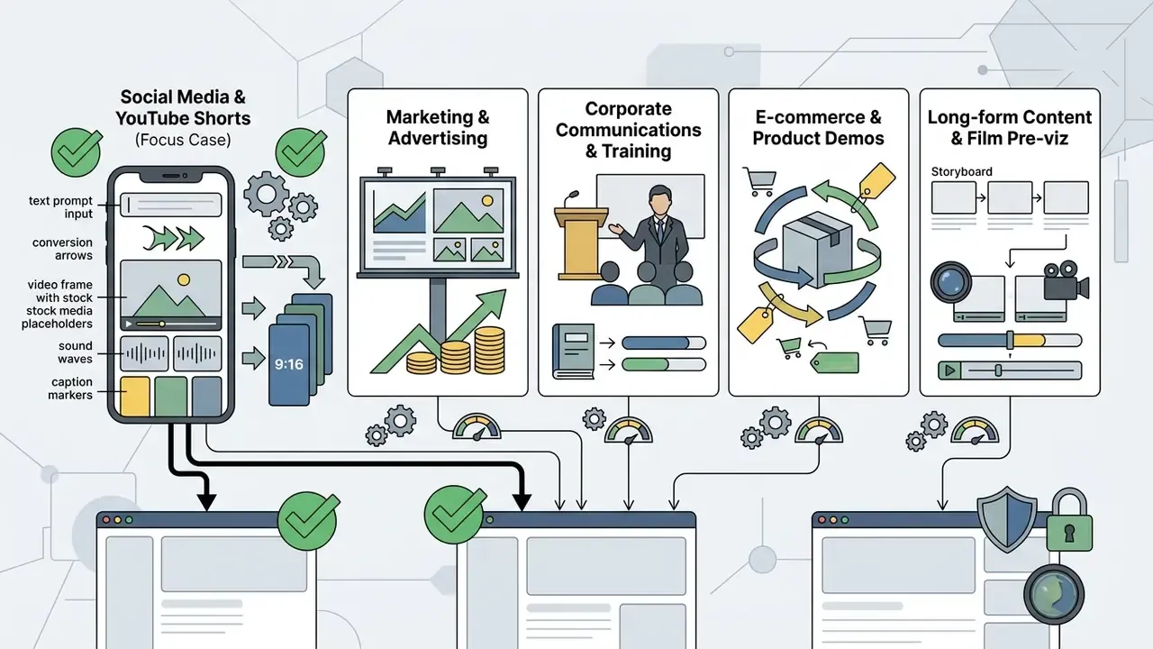 Categorization of AI video use cases showing workflows for social media, marketing, and long-form content