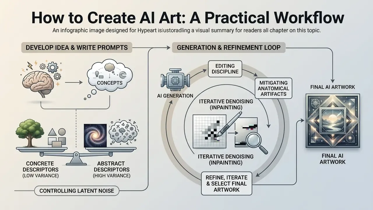 Diagram showing the process of prompt development, latent noise control, and iterative refinement for AI art