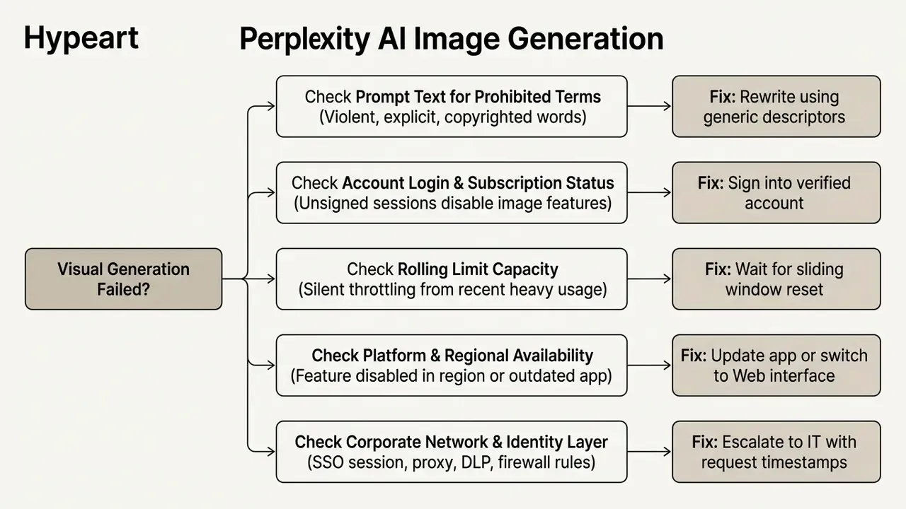 Troubleshooting flowchart listing common causes for visual generation errors and corresponding solutions