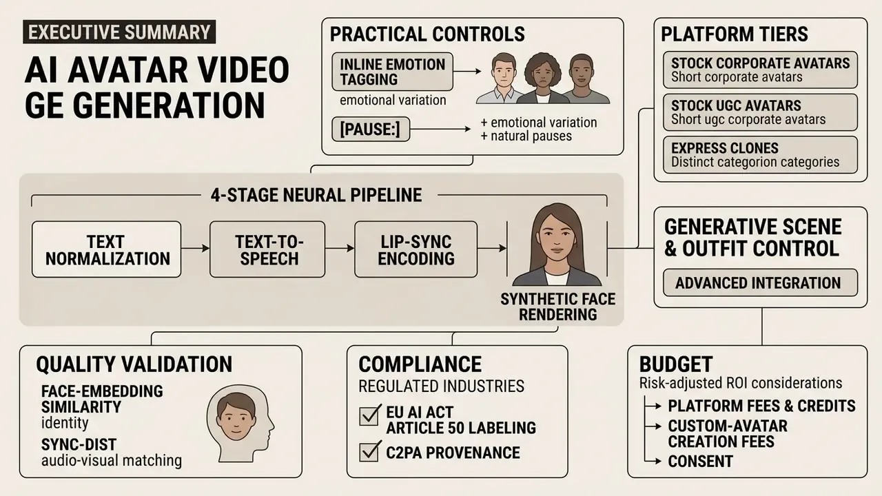 Infographic showing a four-stage neural pipeline for an AI avatar video generator and its key components