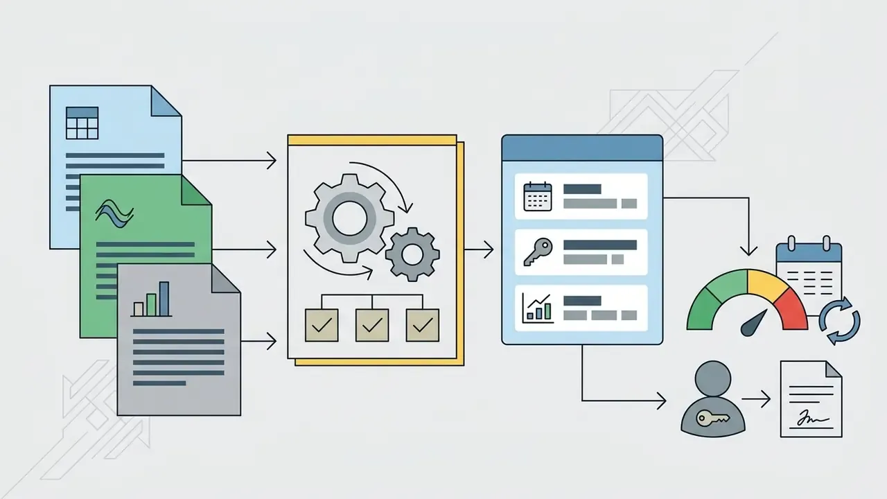 Documents feeding into a processing engine that outputs model inventory lists with review and owner status