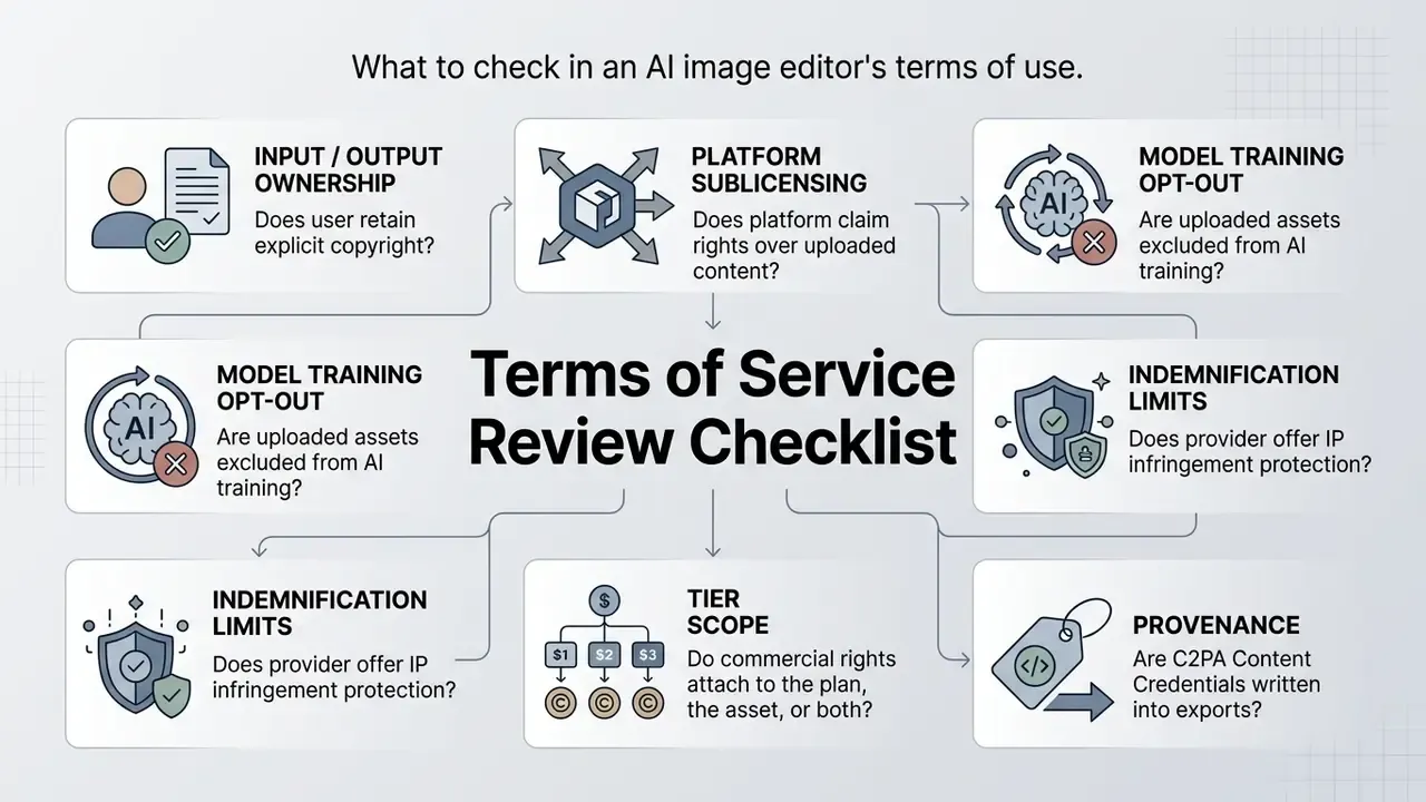 Checklist of legal considerations for software terms including ownership, training opt-outs, and provenance