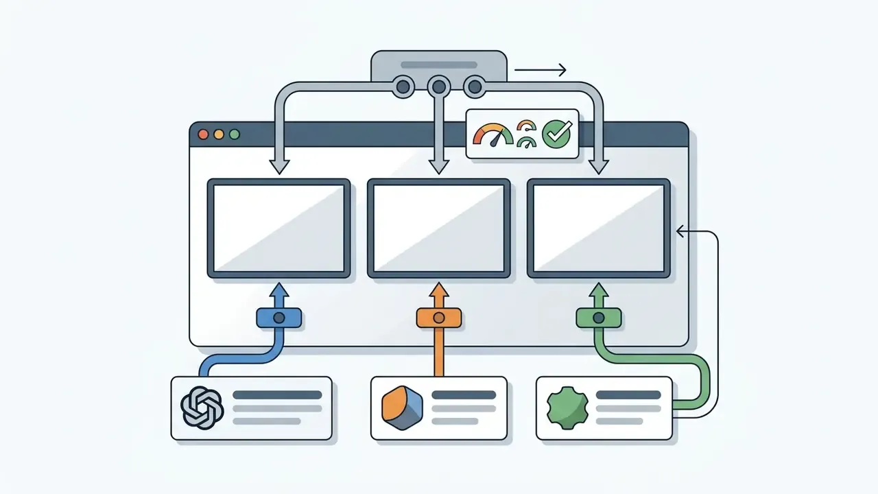 Three distinct AI model inputs feeding into a multi-window interface with performance monitoring tools