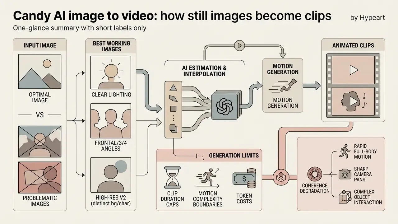 Diagram detailing the Candy AI image to video process from optimal input selection to motion generation limits
