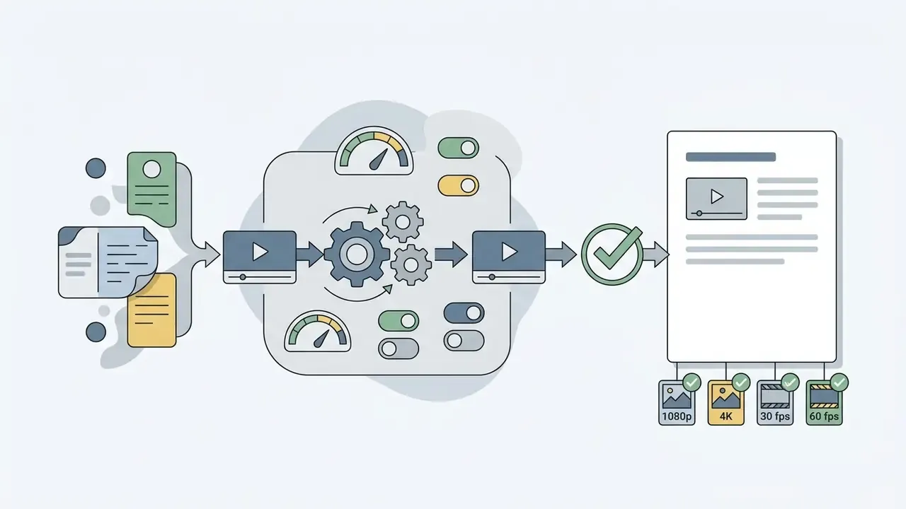 Media files processing through a central gear system to generate verified video output specifications