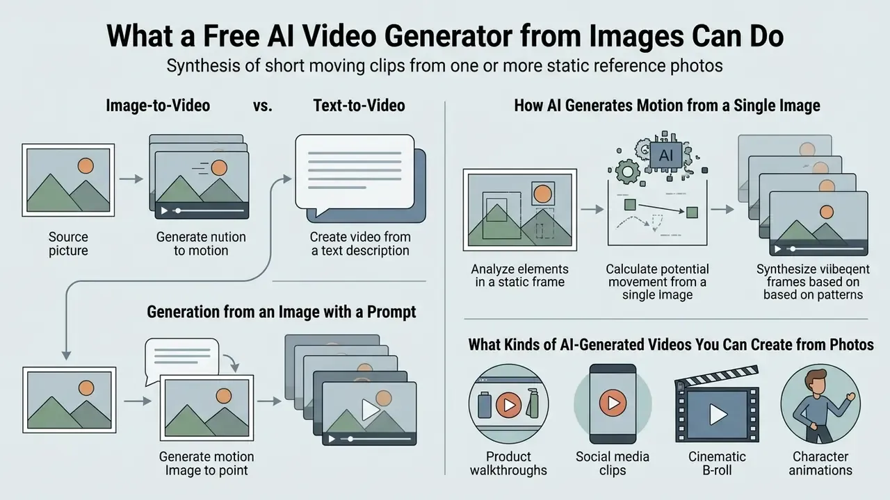 Infographic showing how a free AI video generator from images converts static photos into motion clips