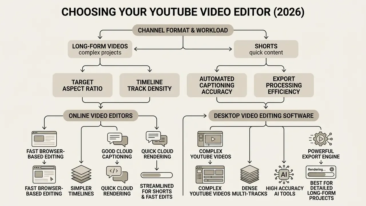 Decision tree comparing online and desktop software features for YouTube video production workflows