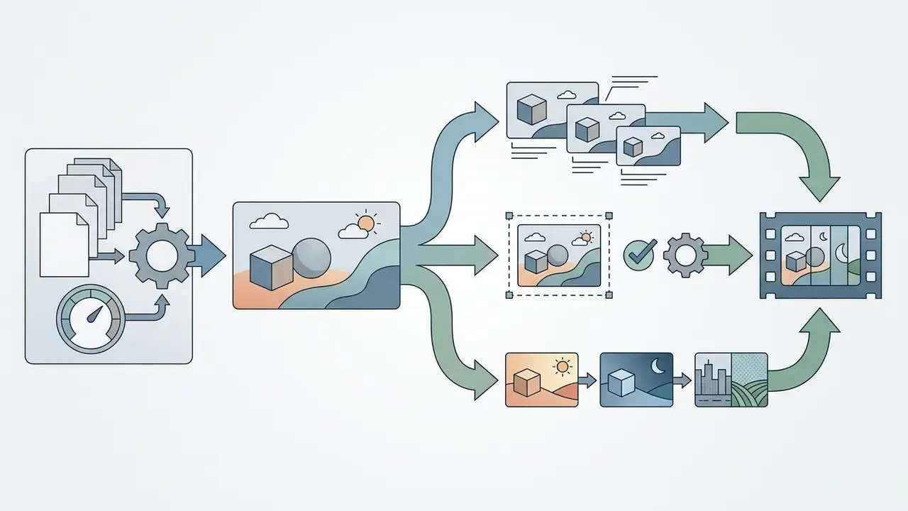 System of arrows showing how input files and settings process into a central image then split into edits