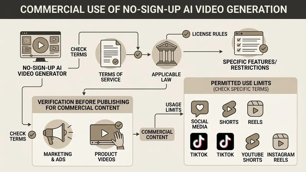 Process map for evaluating commercial use of content from an ai video generator free no sign up platform