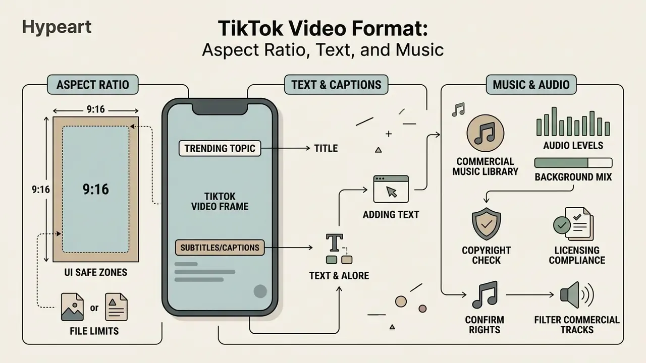 Infographic showing aspect ratio, text placement, and music copyright steps for vertical mobile videos