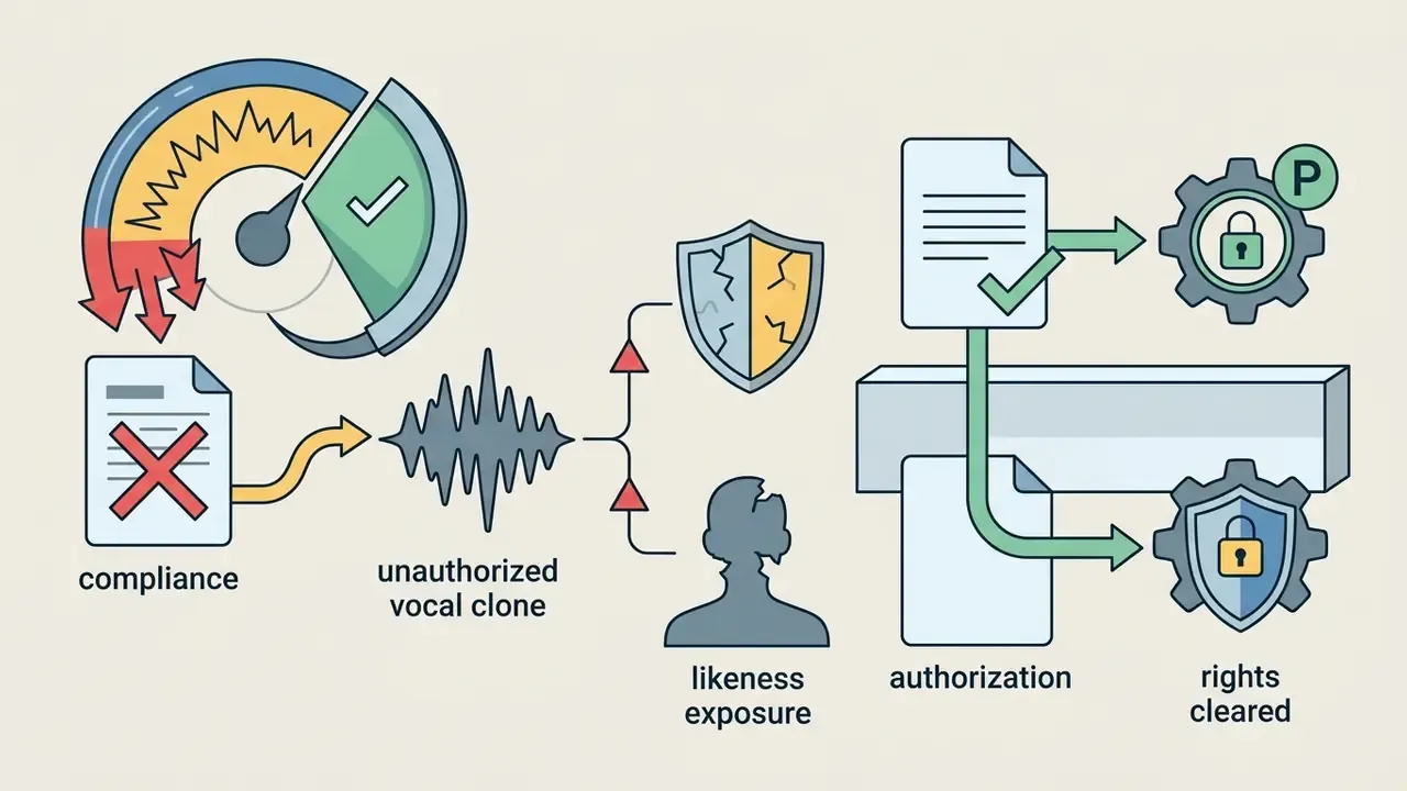 Visual representation of vocal cloning risks showing compliance failures leading to legal exposure