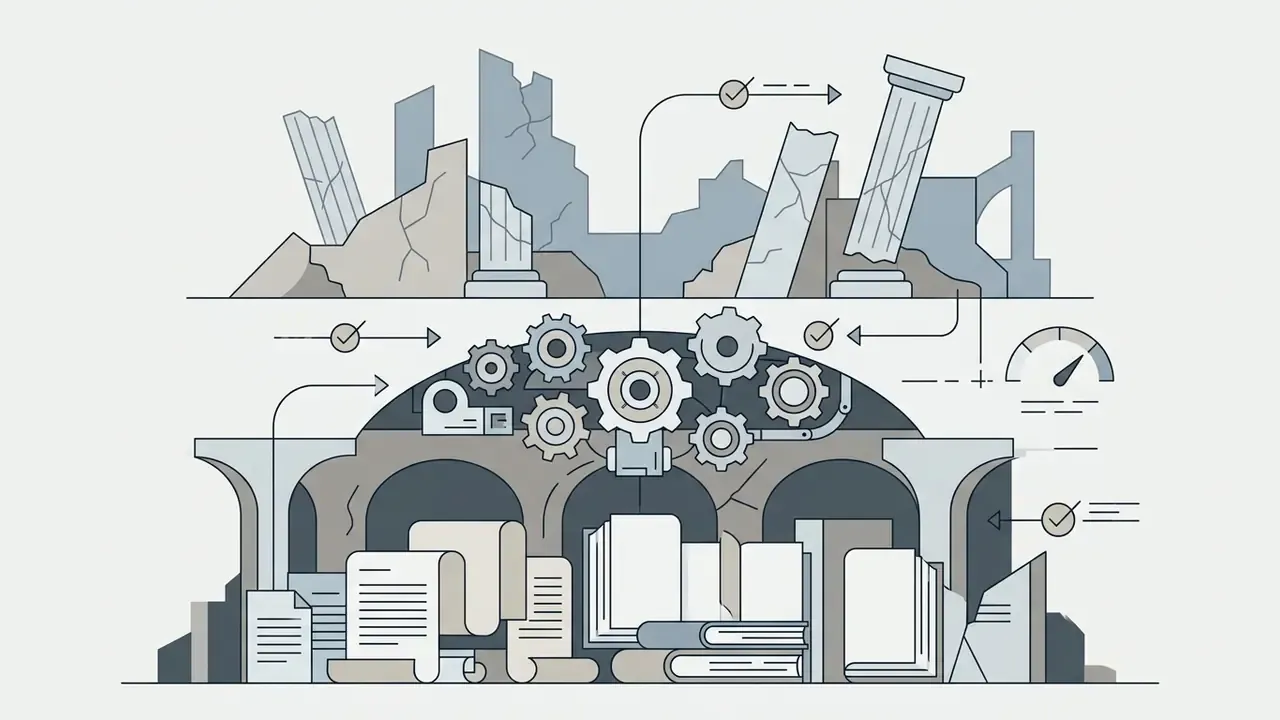 Gears turning above a subterranean library filled with books and scrolls beneath a ruined city skyline