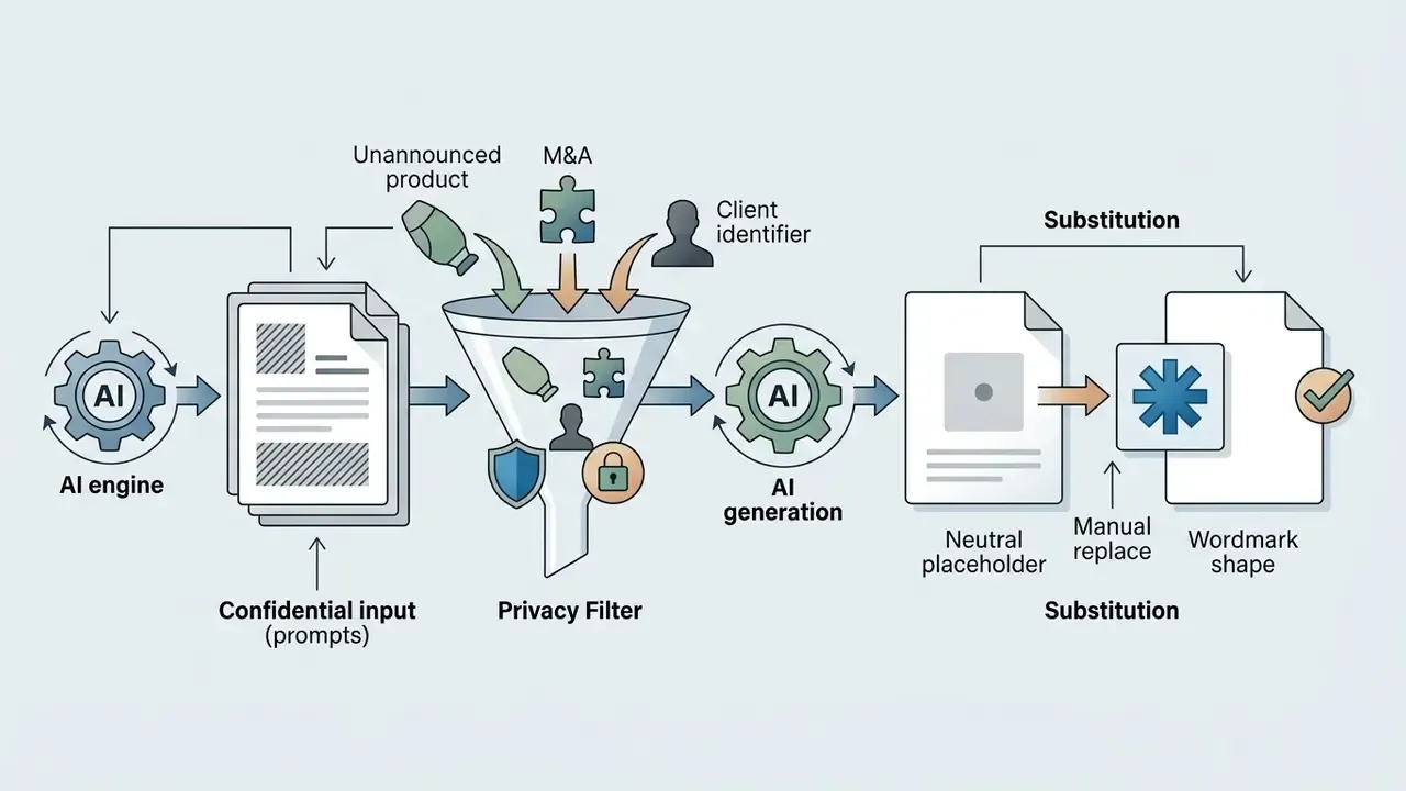 Process flow showing confidential prompt filtering through a funnel before manual design substitution
